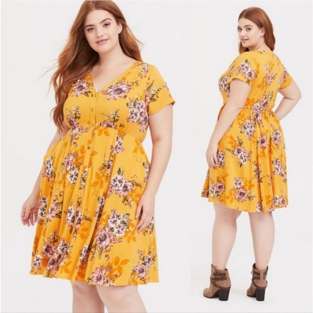 Torrid Size 2 Mustard Yellow Floral Button Front Shirt Dress
